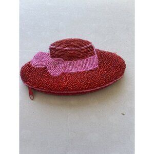 Red Hat Society - Small Hat Shaped Coin Purse - Red / Purple Beaded - Zip Close
